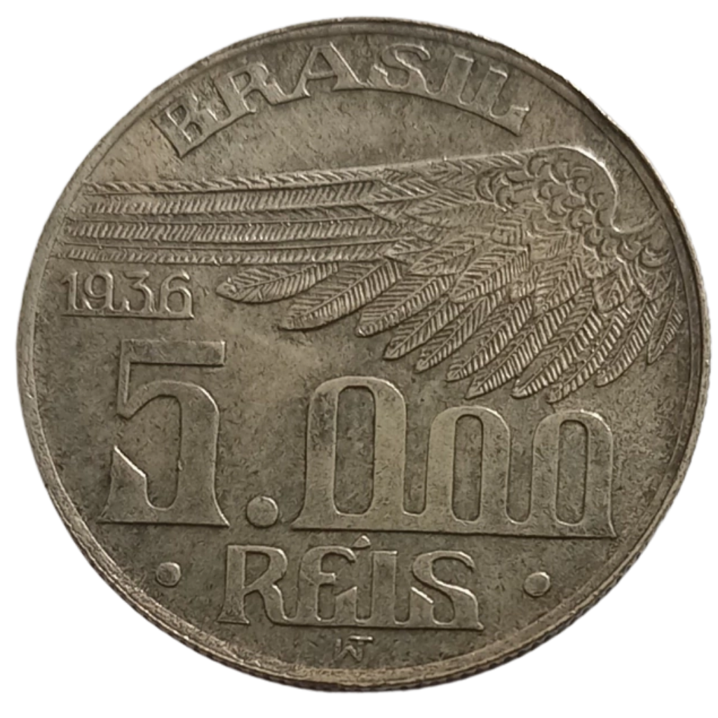 Moeda 5000 Réis Brasil 1936 Santos Dumont - Prata - Imagem 2