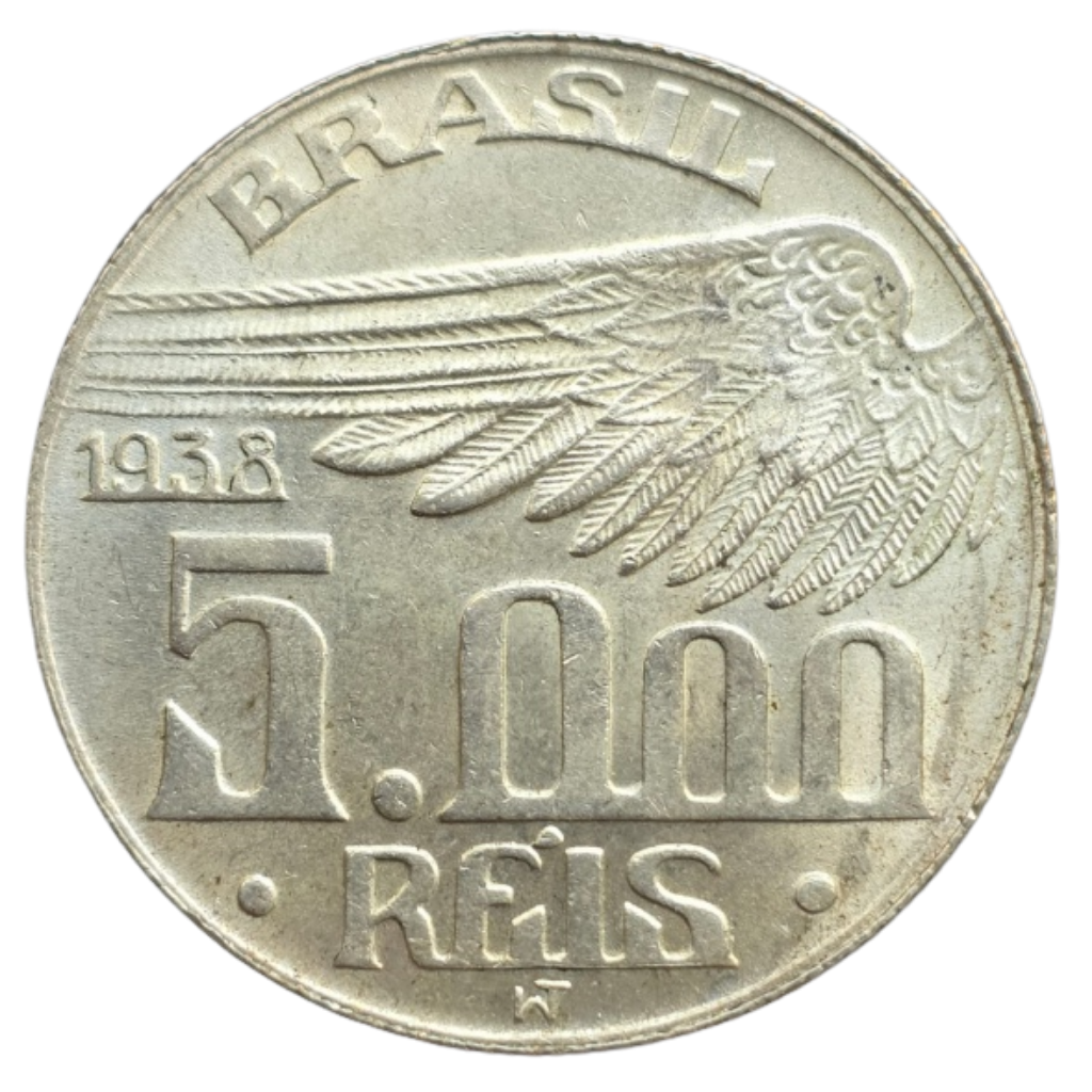 Moeda 5000 Réis Brasil 1938 Santos Dumont - Prata - Imagem 2